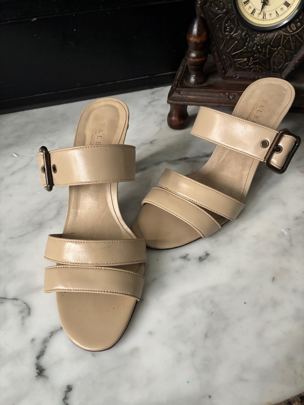Talbots Neutral Tan Triple-Strap Slide Mules with Buckle